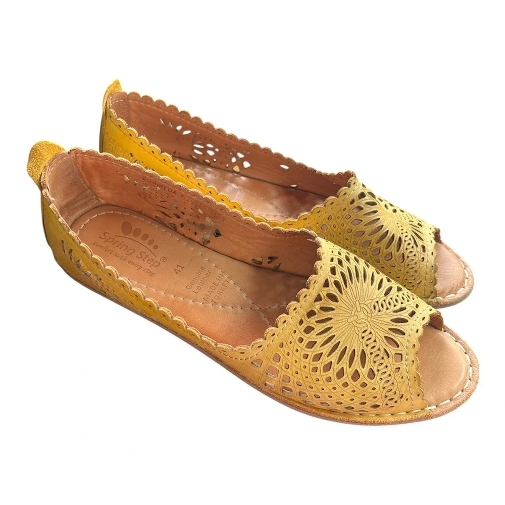 Spring Step Bormeda Sandals Womens 41 Yellow Leather Laser Cut Flats Boho Hippie